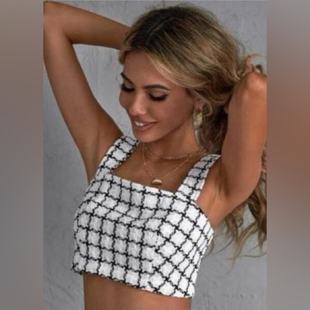 SHEIN Black White Tweed Cropped Tank Top Textured Size M